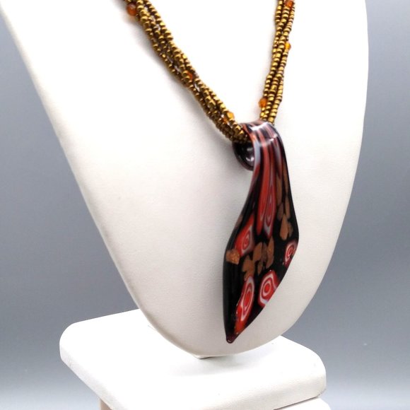 Murano Glass Stretched Millefiori Pendant, Dichroic Copper Fluss Art Glass on Br - Picture 2 of 5